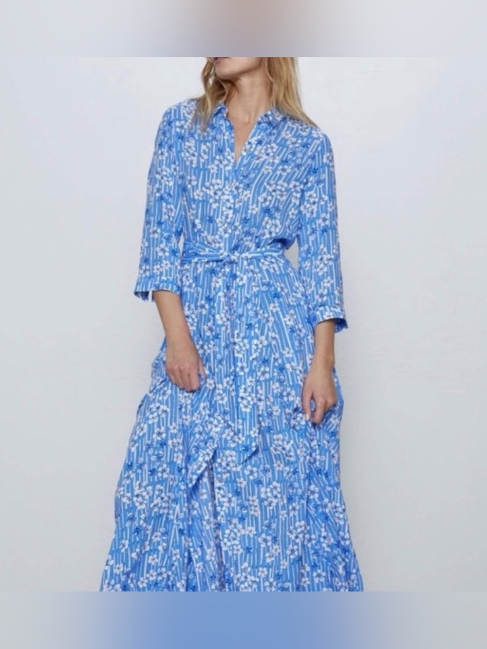 Zara Blue and White Floral Shirt Maxi Dress